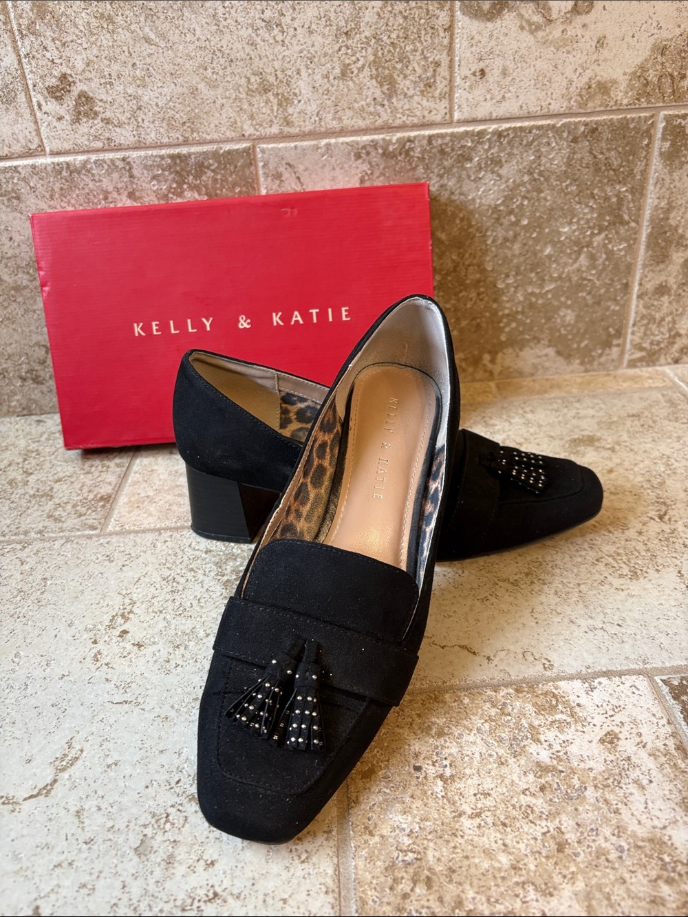 Kelly & Katie Black Suede Tassel Loafers with Stud Accents